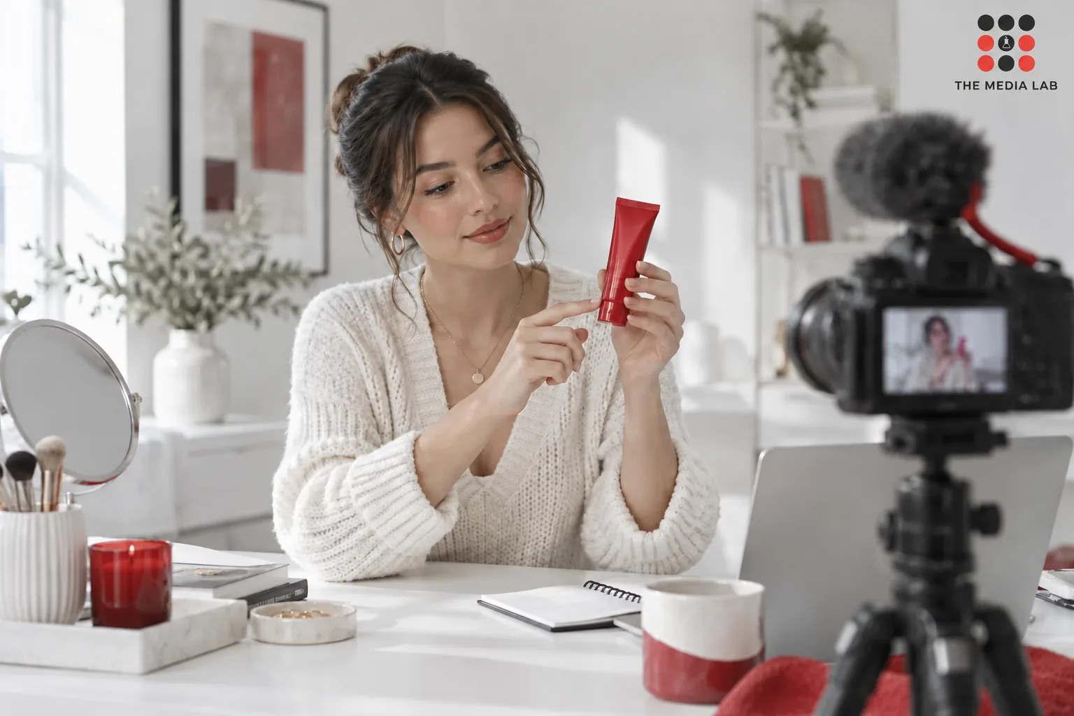 Beauty creator filming a product review — The Media Lab concept image.