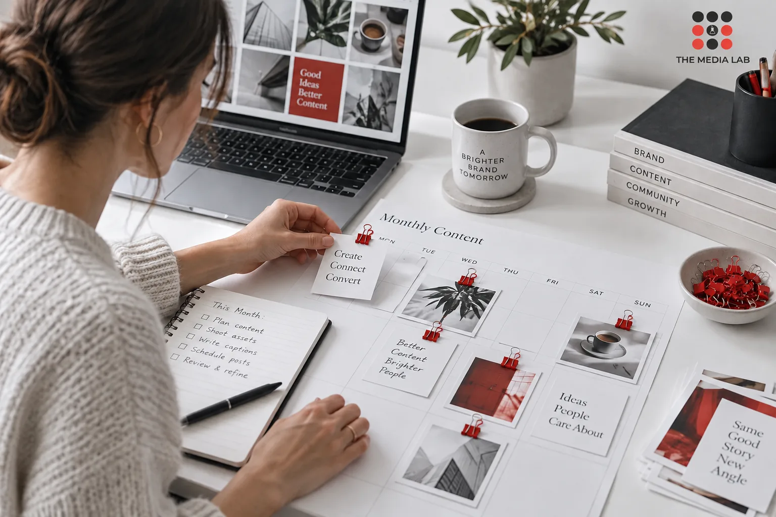 Monthly social media content plan arranged on a desk — The Media Lab concept image.