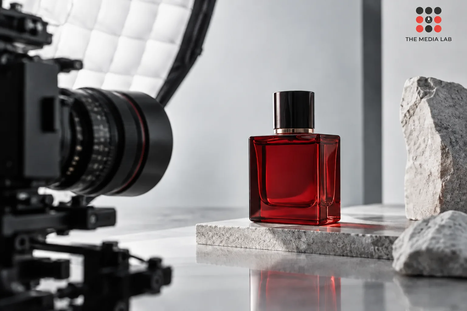 Red fragrance bottle in a product videography setup — The Media Lab concept image.