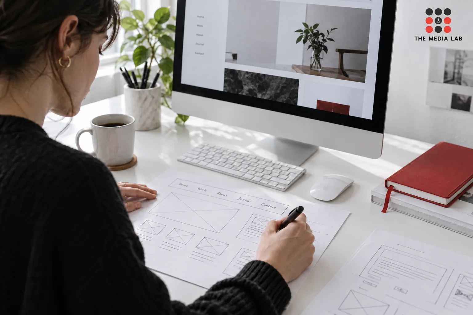 Designer planning website wireframes at a desk — The Media Lab concept image.