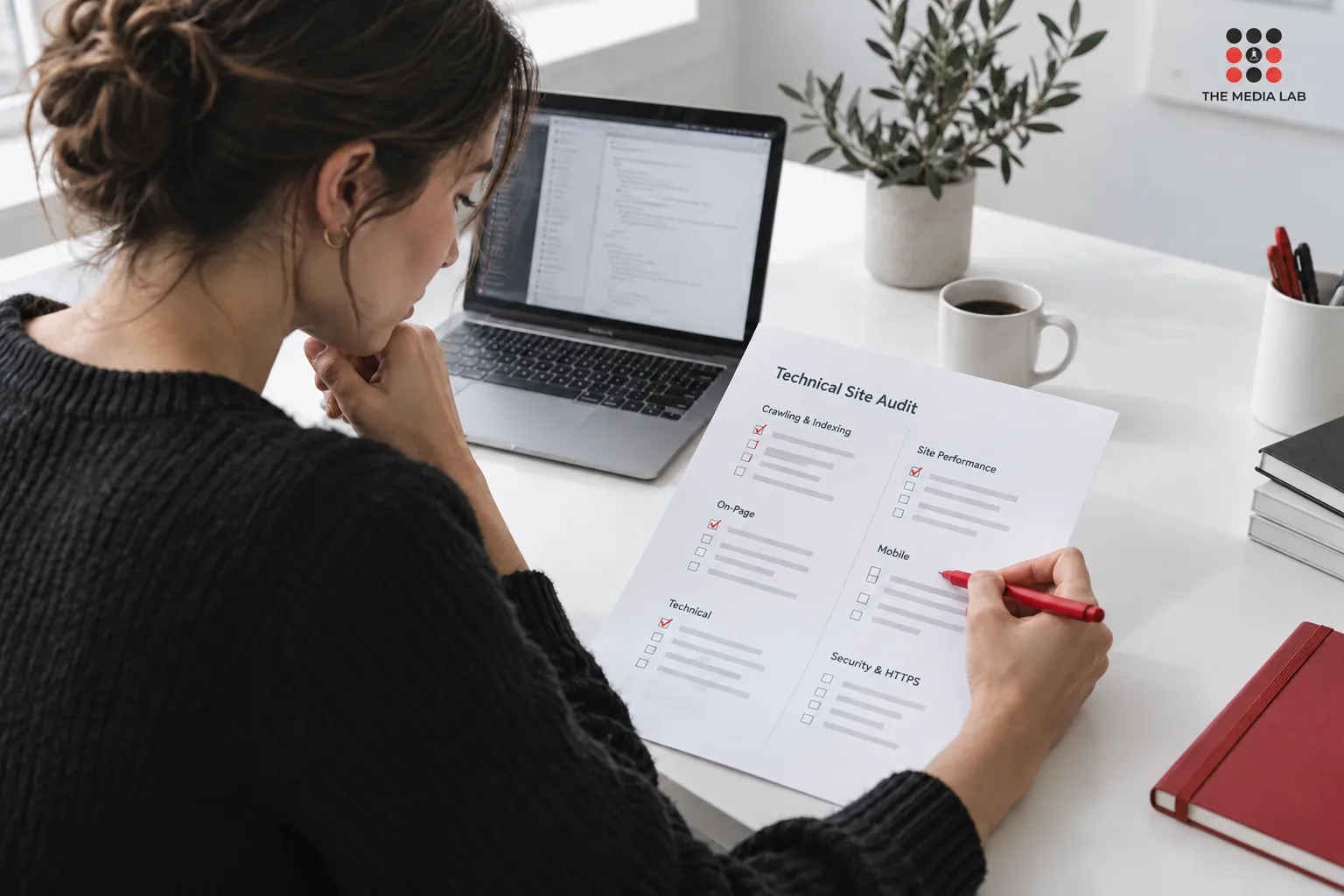 Consultant reviewing an SEO audit and project scope — The Media Lab concept image.