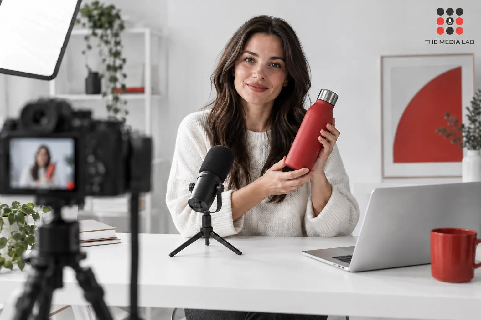 Presenter preparing a product demonstration for a live broadcast — The Media Lab concept image.
