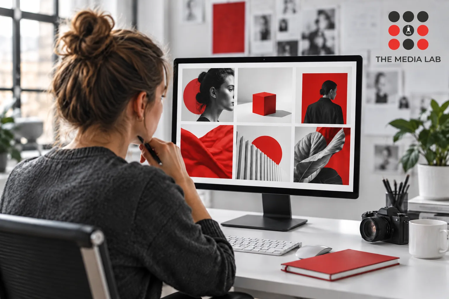 Social producer checking several red white campaign variations on a monitor — The Media Lab