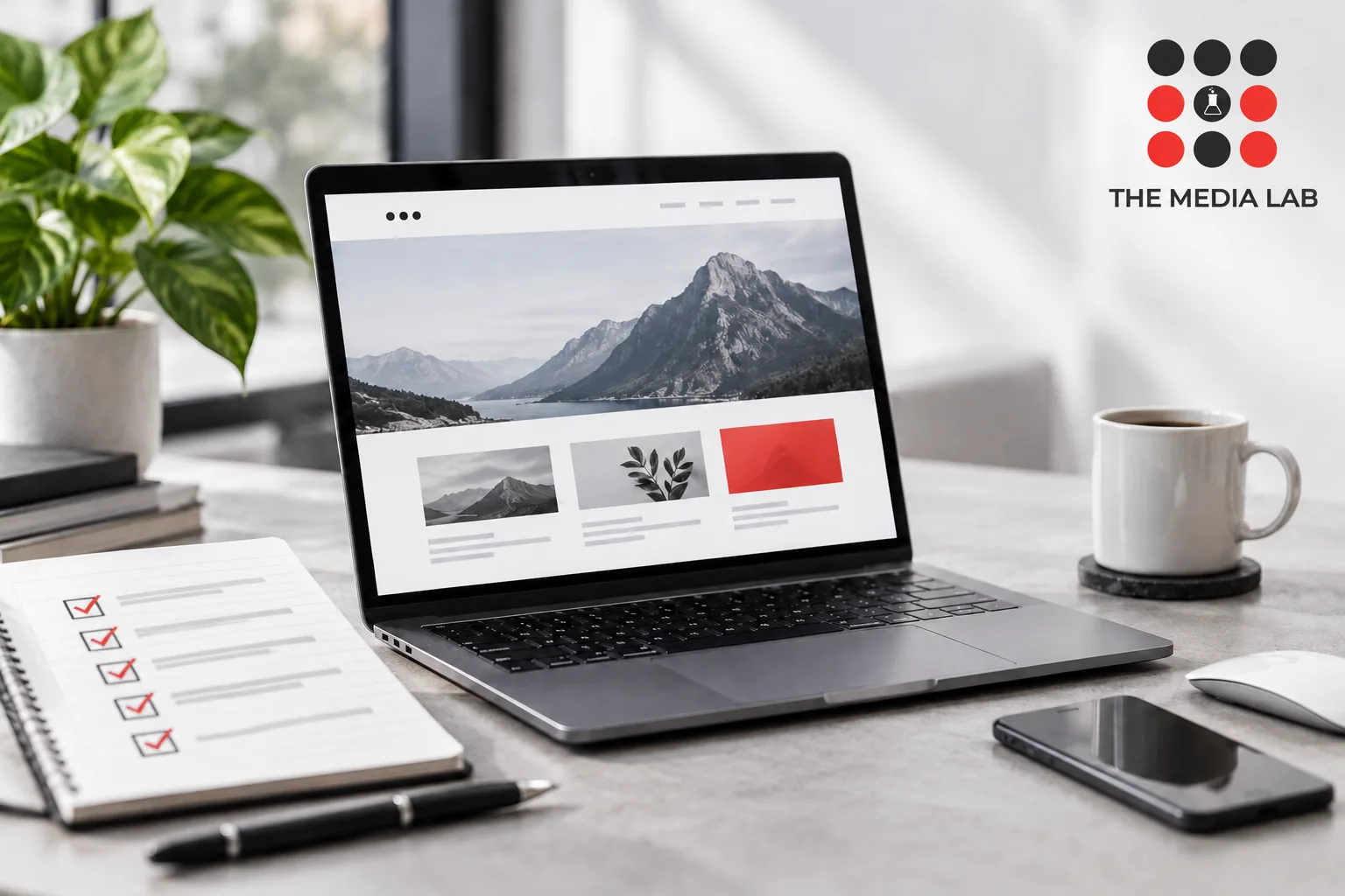 Website maintenance checklist and laptop with simple responsive website — The Media Lab