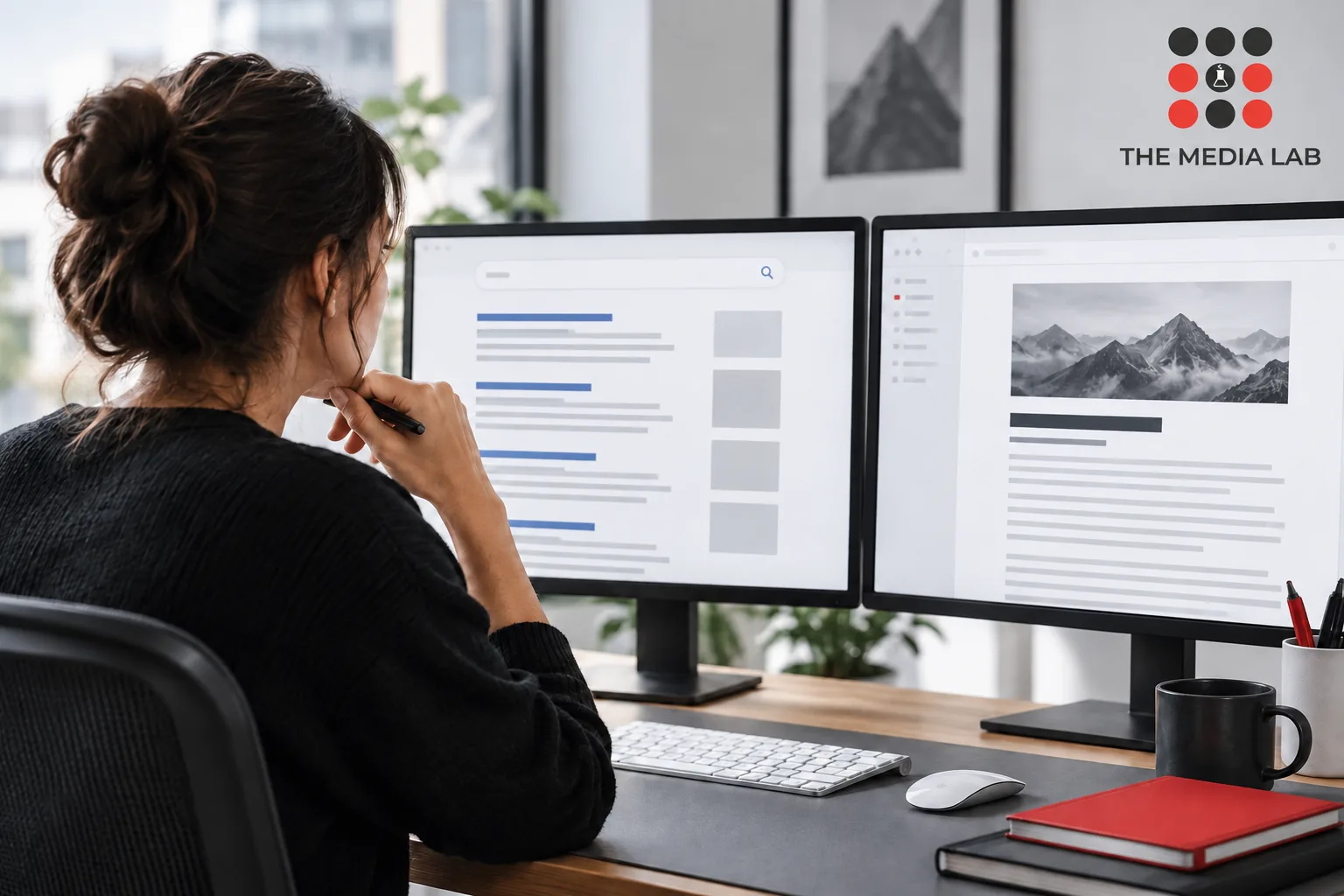 Content editor checking a search results interface and an article draft on two screens — The Media Lab