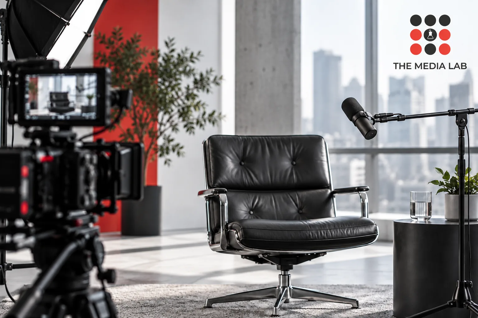 Corporate interview production with executive chair, microphone and cinema camera — The Media Lab