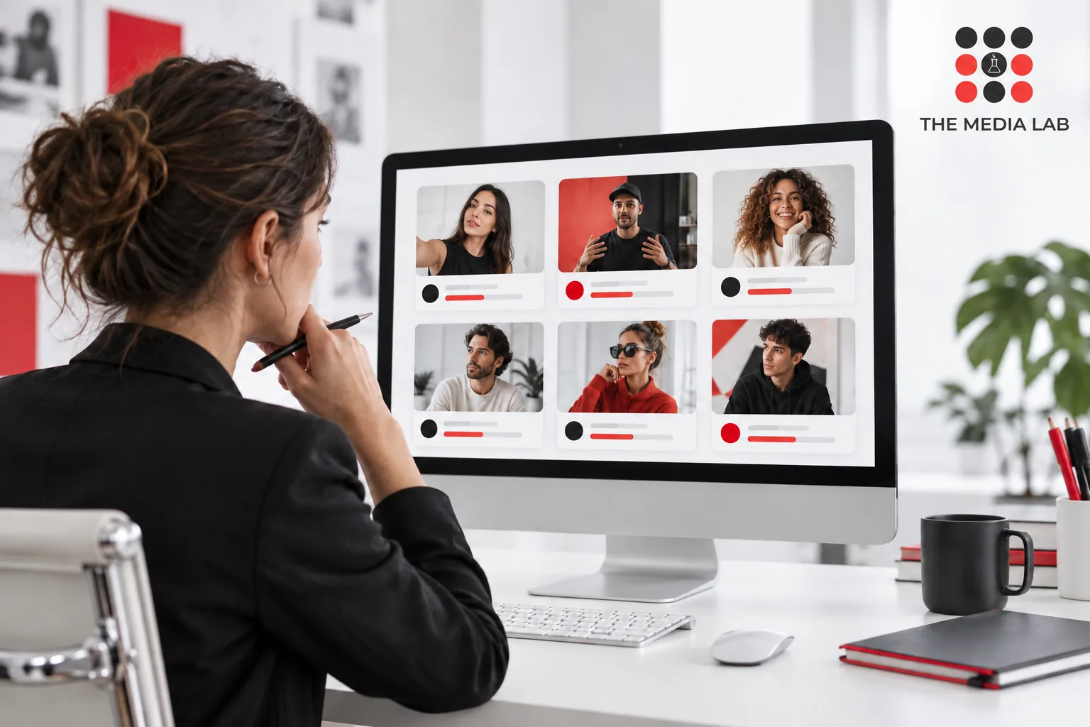 Campaign analyst comparing creator content cards on a screen, white studio red accents — The Media Lab
