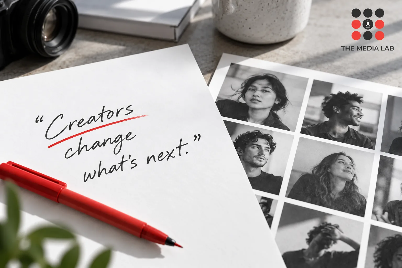 Creator campaign quotation, red pen and generic portrait contact sheet — The Media Lab