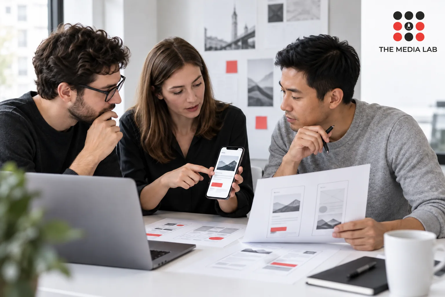 Web design team reviewing a mobile prototype and proposal side by side — The Media Lab