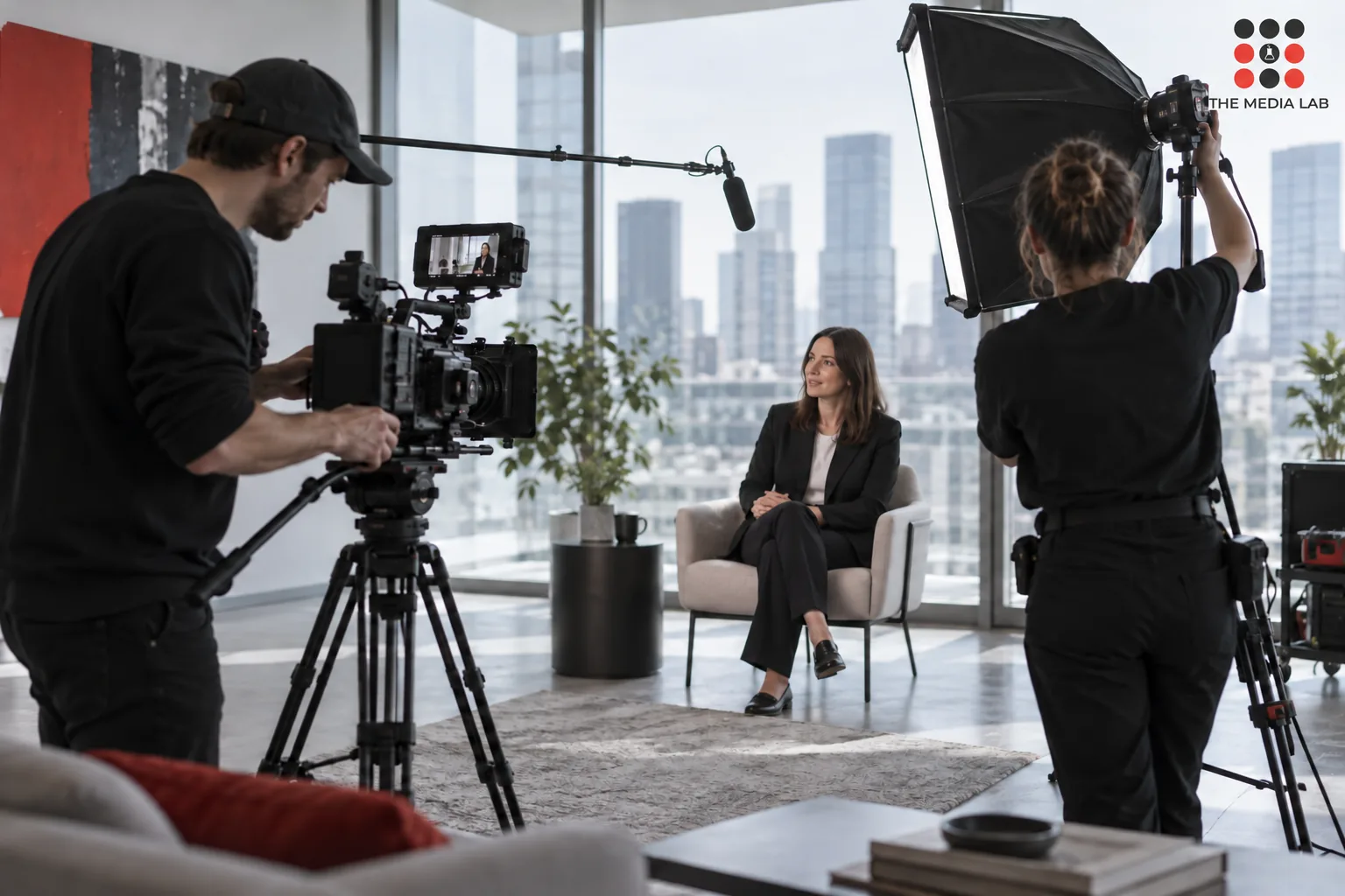 Film crew preparing interview lighting and camera in bright modern office — The Media Lab
