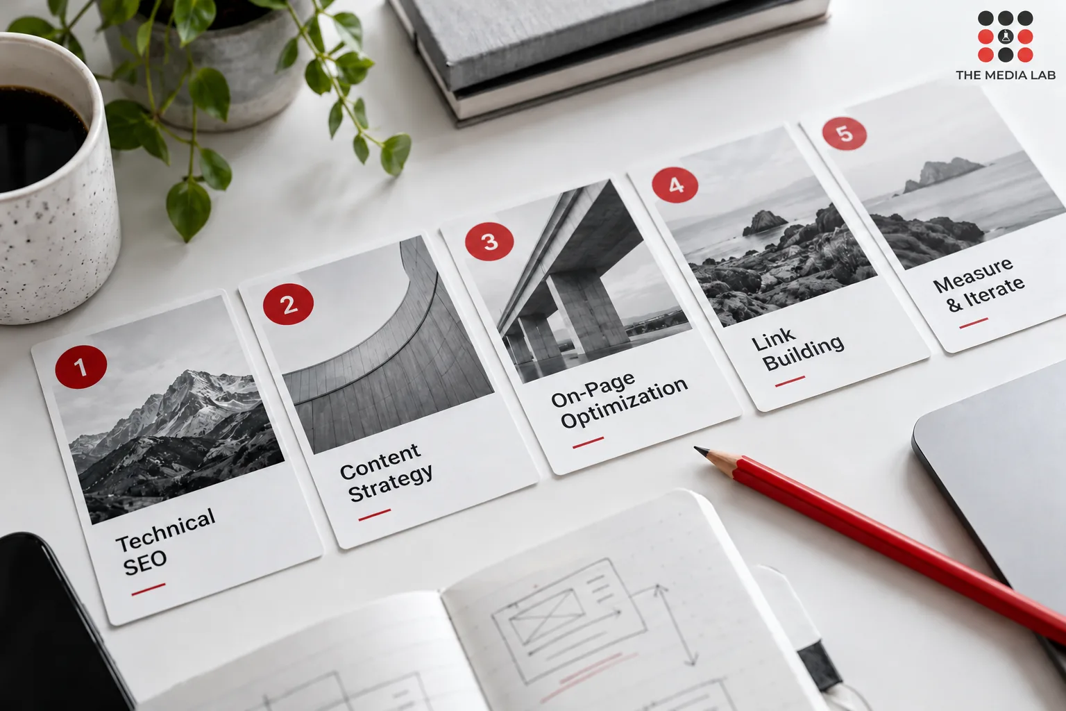 SEO roadmap cards arranged by priority on a white table, red pencil — The Media Lab