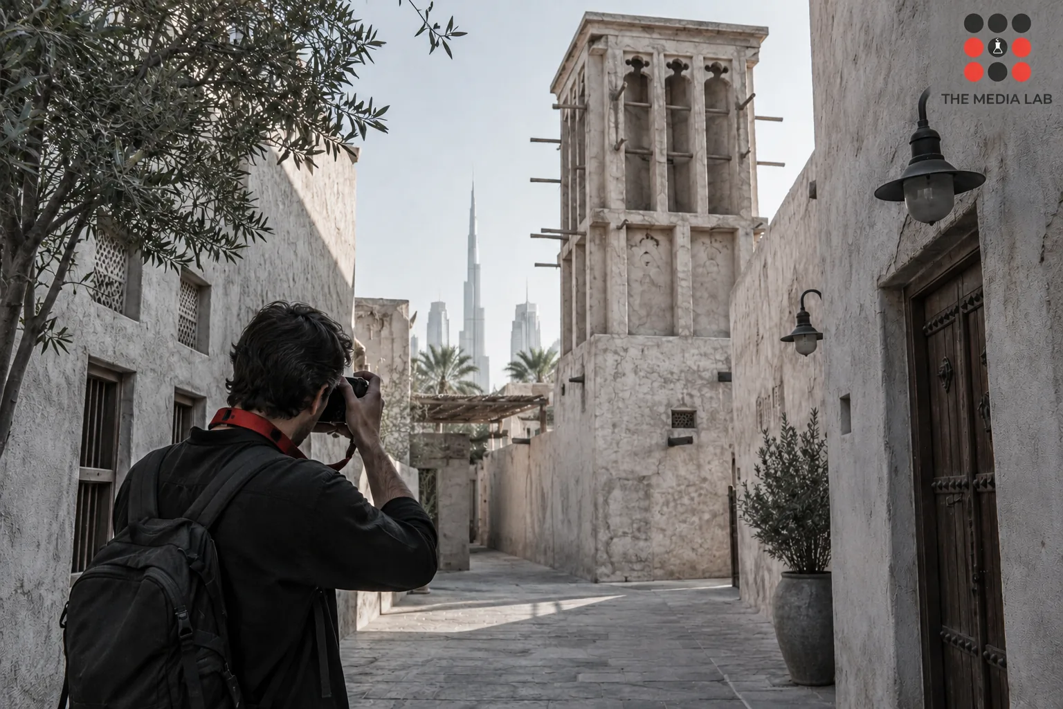 Photographer scouting an old Dubai wind tower alley with red camera strap, realistic quiet architecture — The Media Lab
