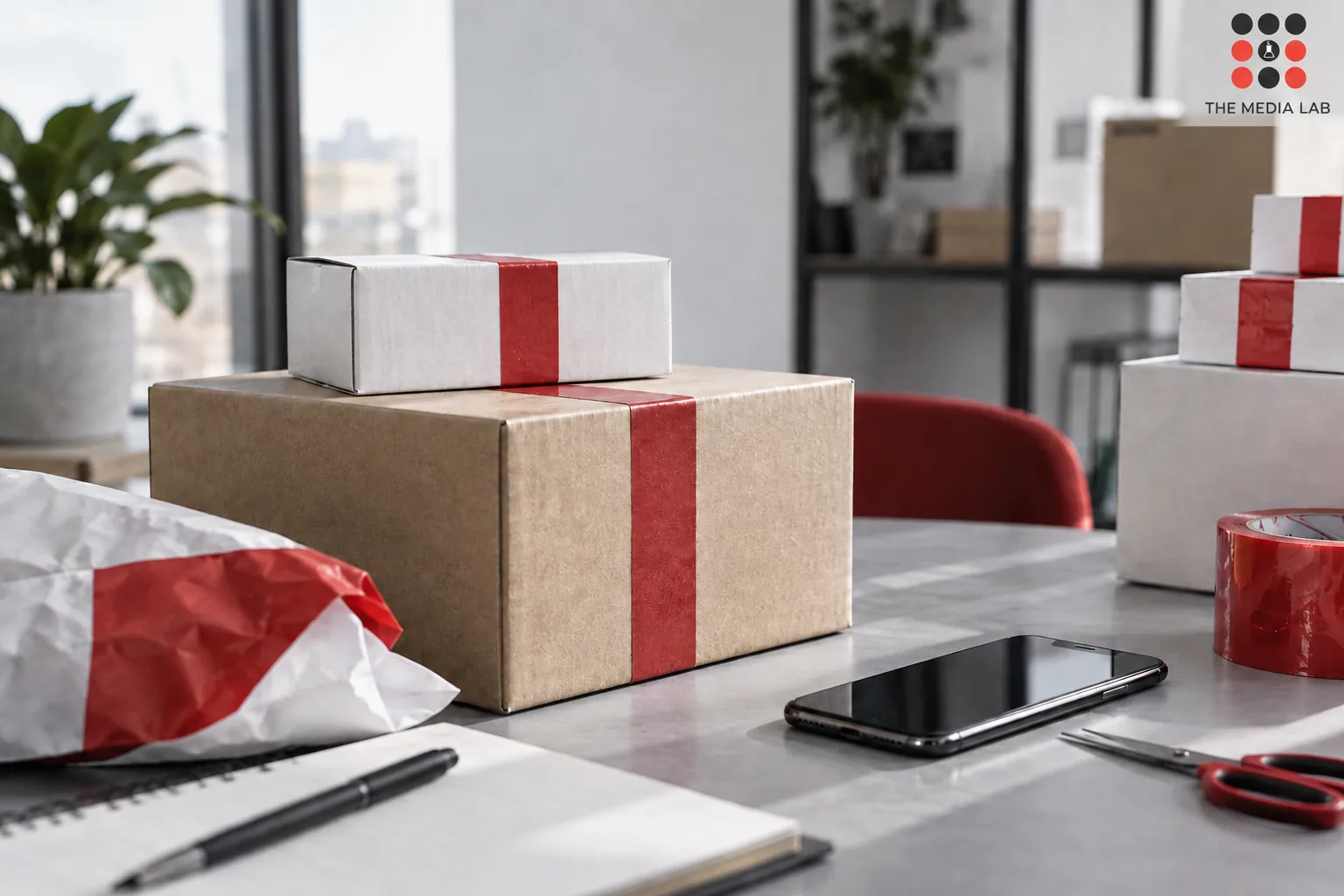 Unbranded online marketplace product parcels and phone, white grey restrained red — The Media Lab