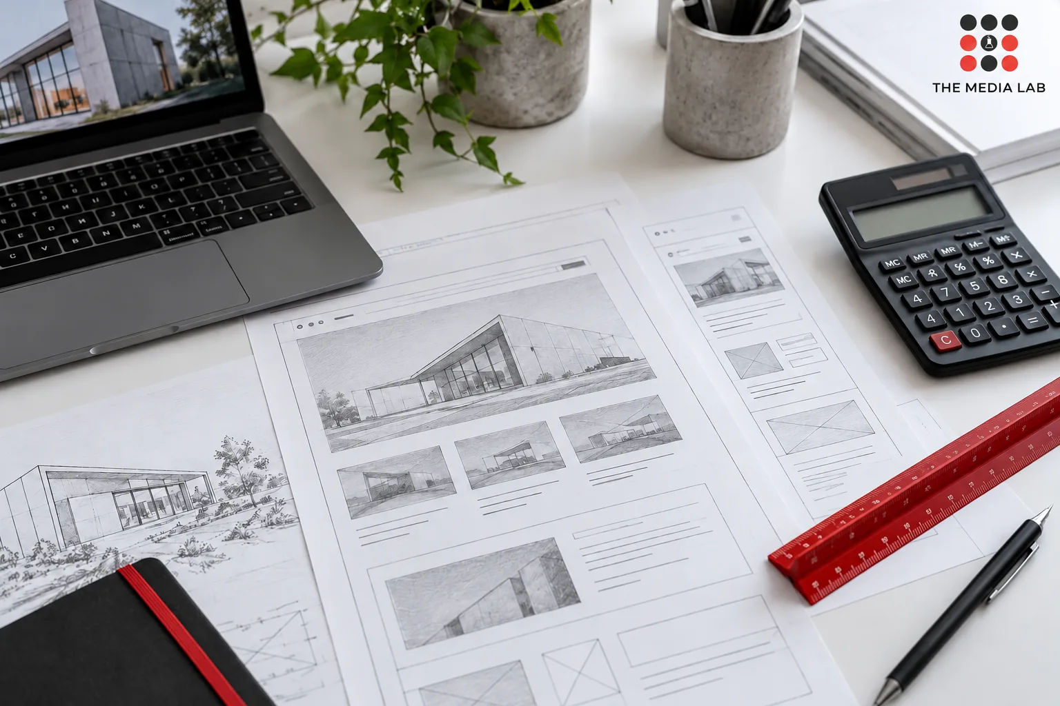 Architectural website wireframes with calculator and red ruler on white desk — The Media Lab