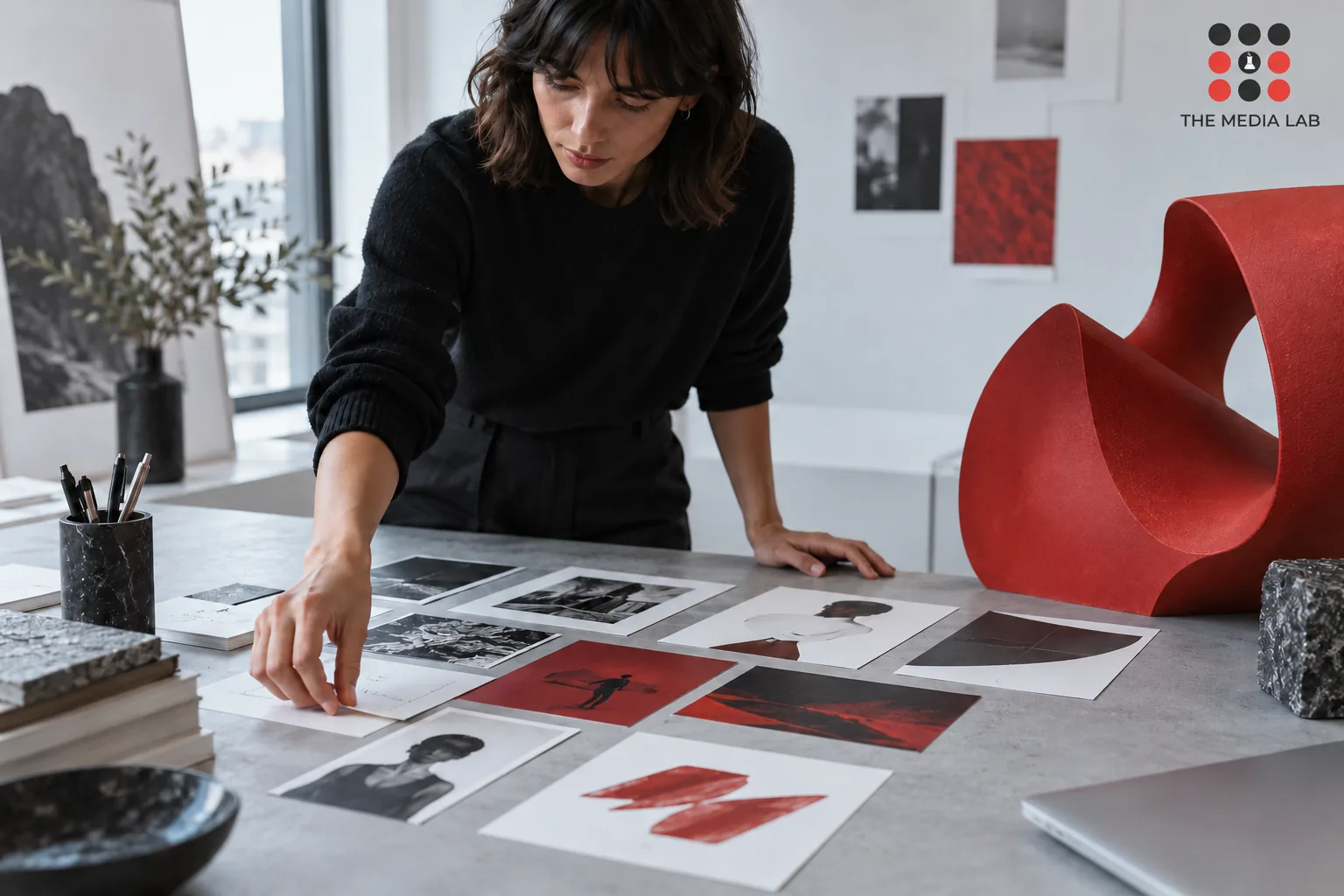 Creative strategist arranging campaign concept cards beside red abstract sculptural object — The Media Lab