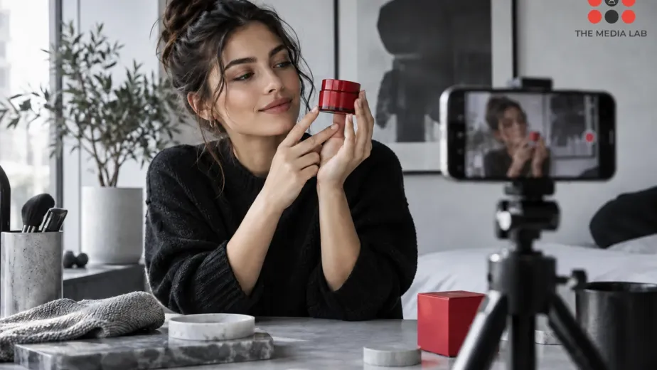 New creator filming a small red skincare product with phone on tripod — The Media Lab