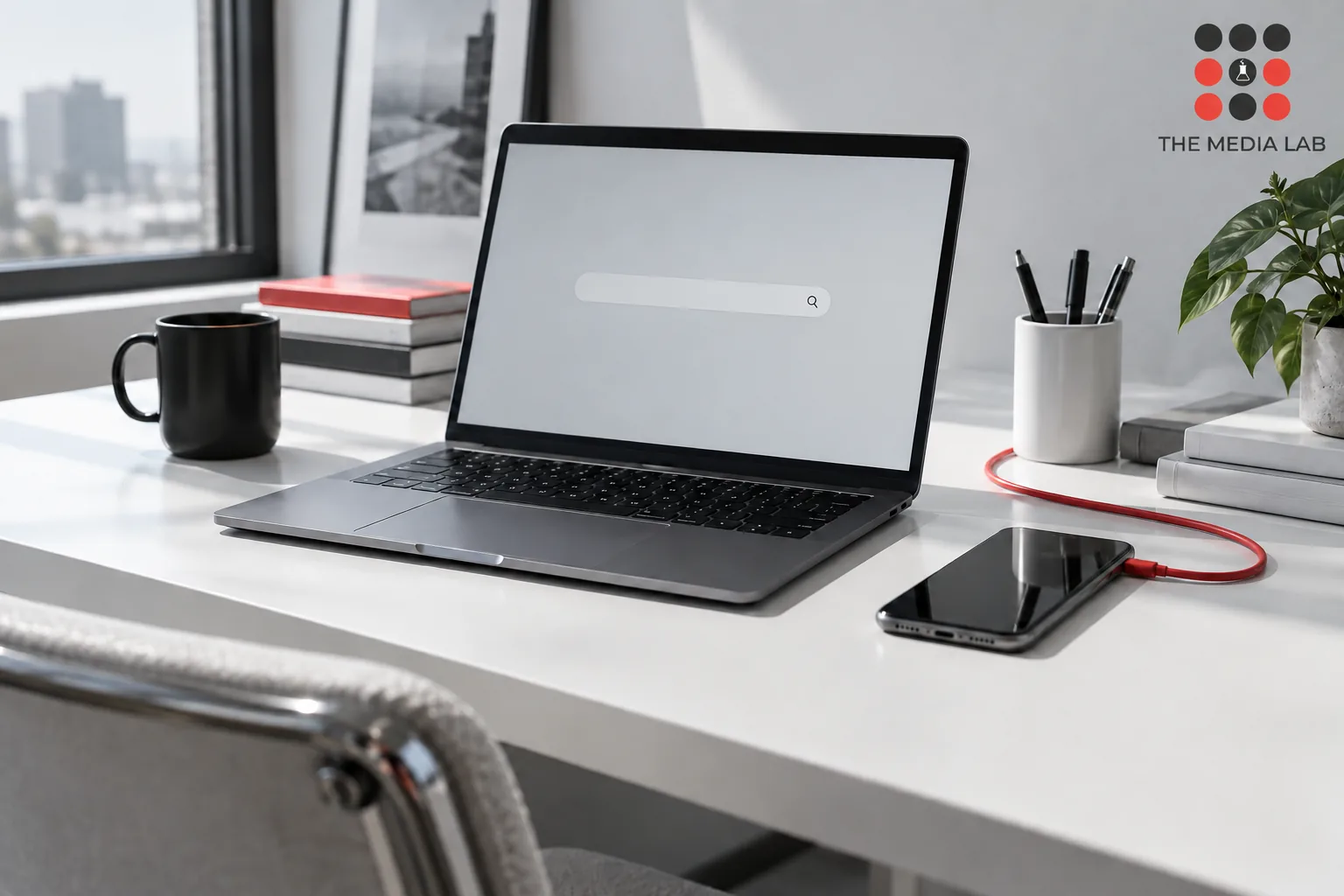 Laptop with generic search interface and phone on clean white desk, red cable accent — The Media Lab