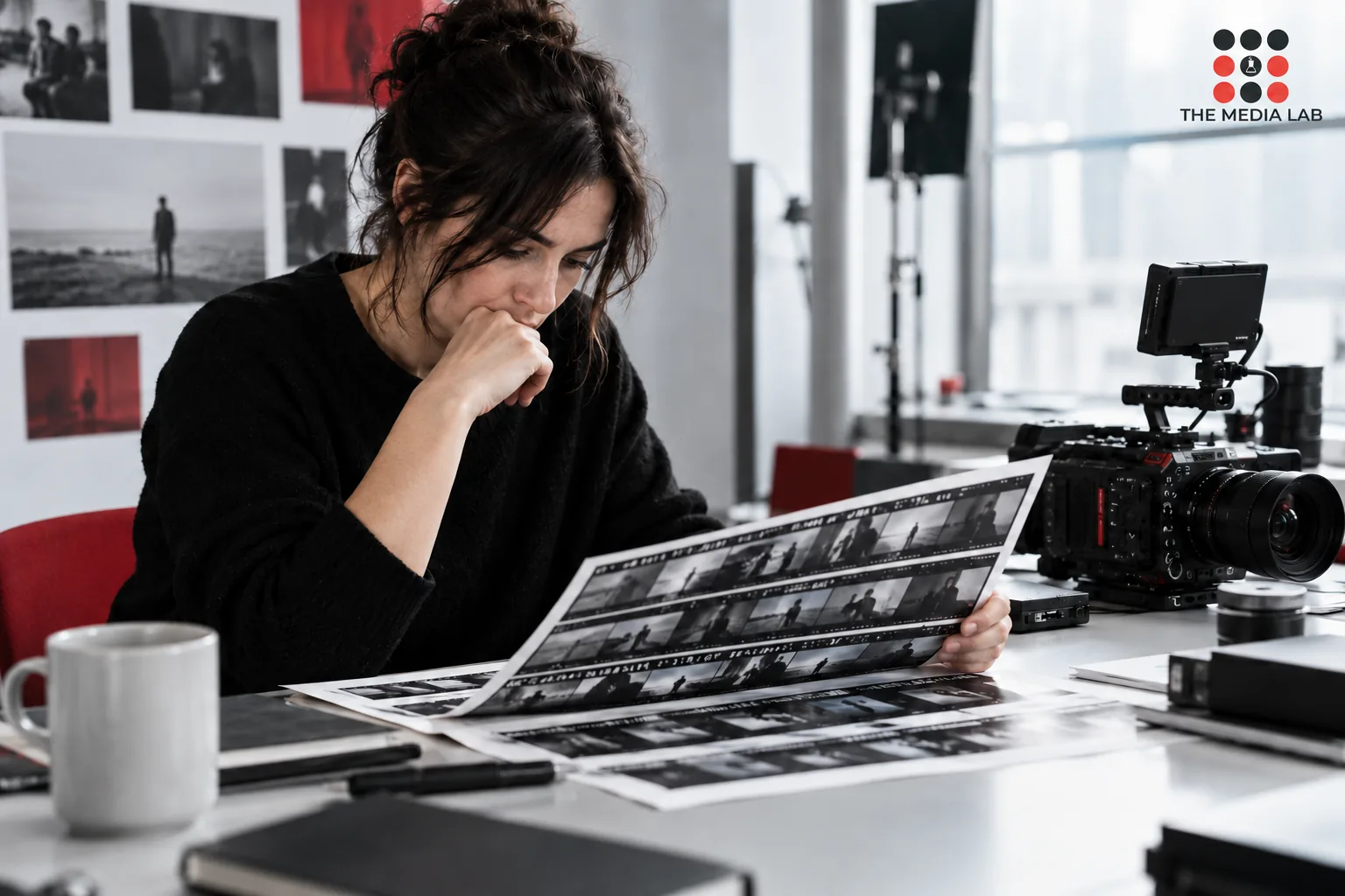 Producer watching a film contact sheet beside a compact cinema camera — The Media Lab