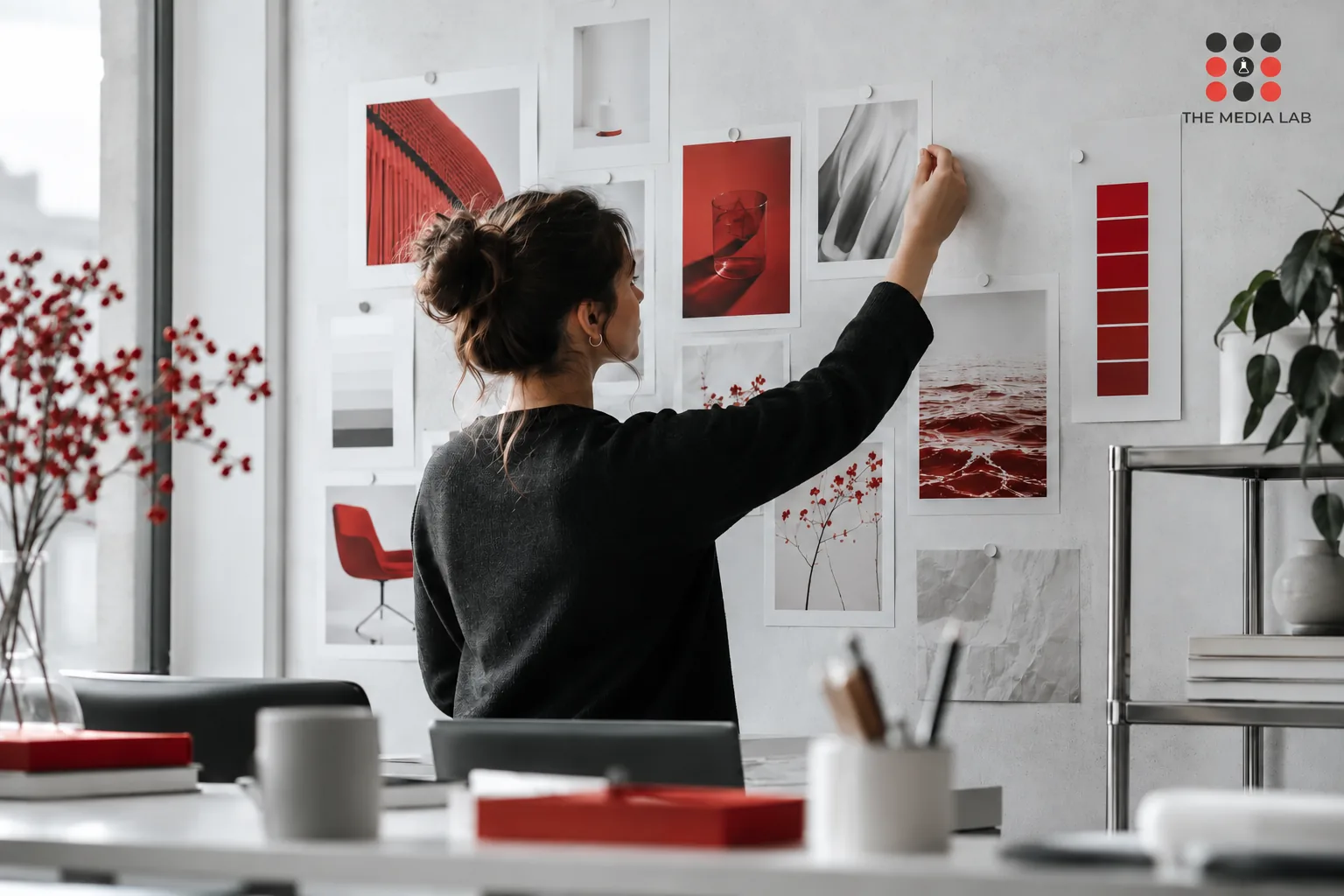 Designer arranging red white product inspiration prints on a clean pinboard — The Media Lab