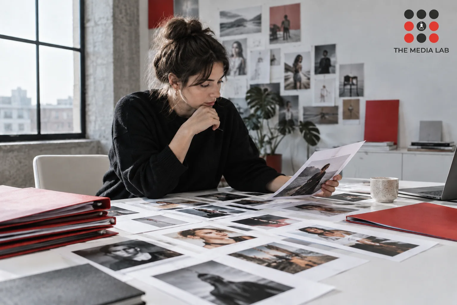 Campaign producer comparing creator portfolios on a large white table with red folders — The Media Lab