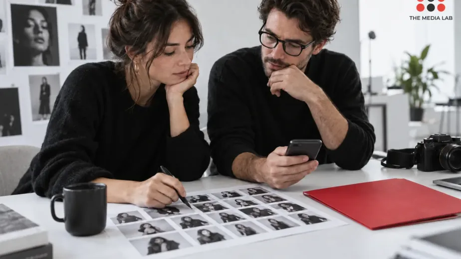Team evaluating creator portfolios for an influencer campaign — The Media Lab concept image.