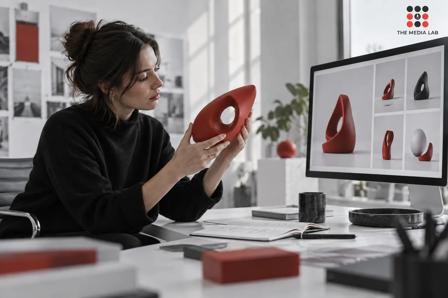 Creative director reviewing AI-assisted product concepts — The Media Lab concept image.