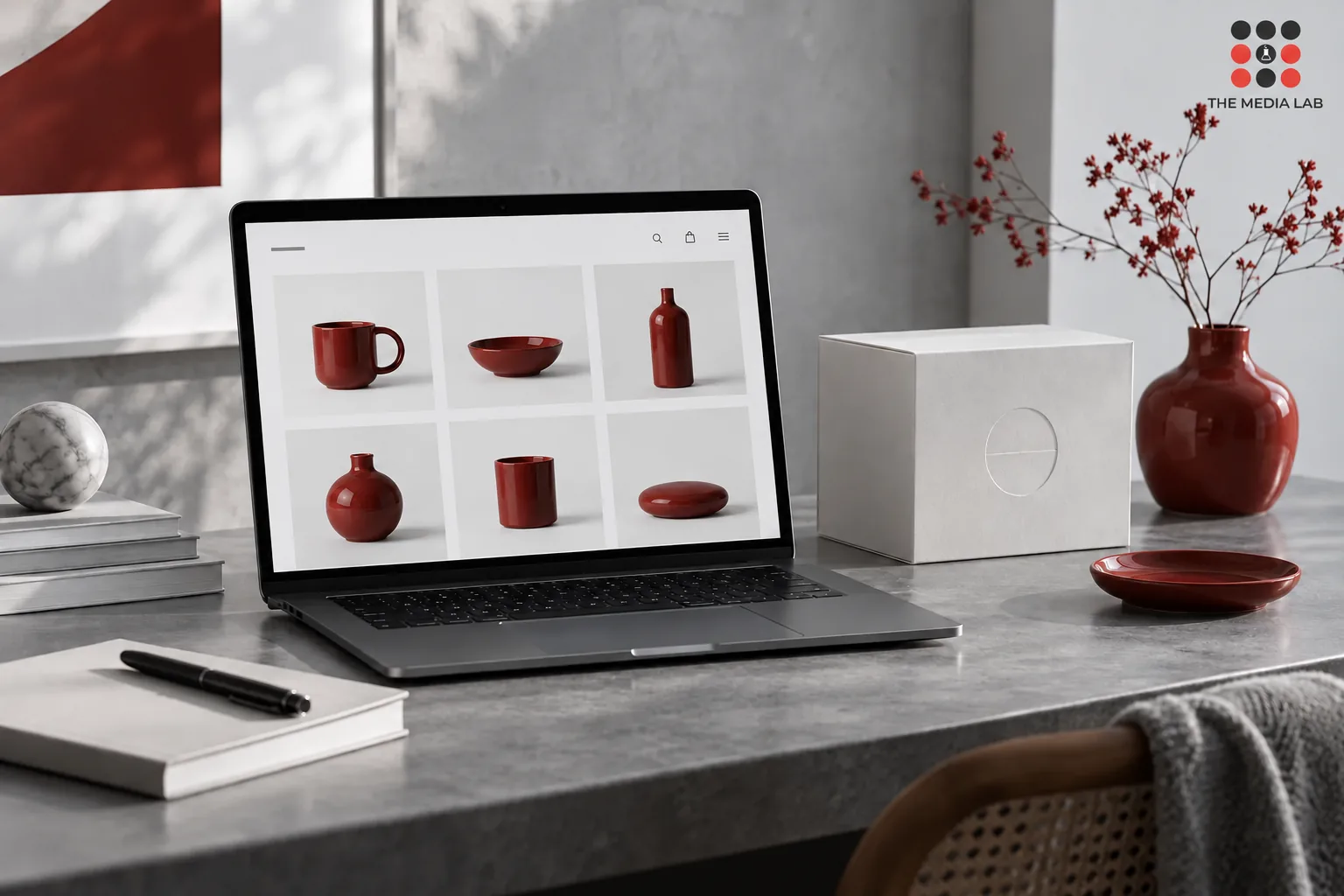 Ecommerce website on a laptop beside product packaging — The Media Lab concept image.
