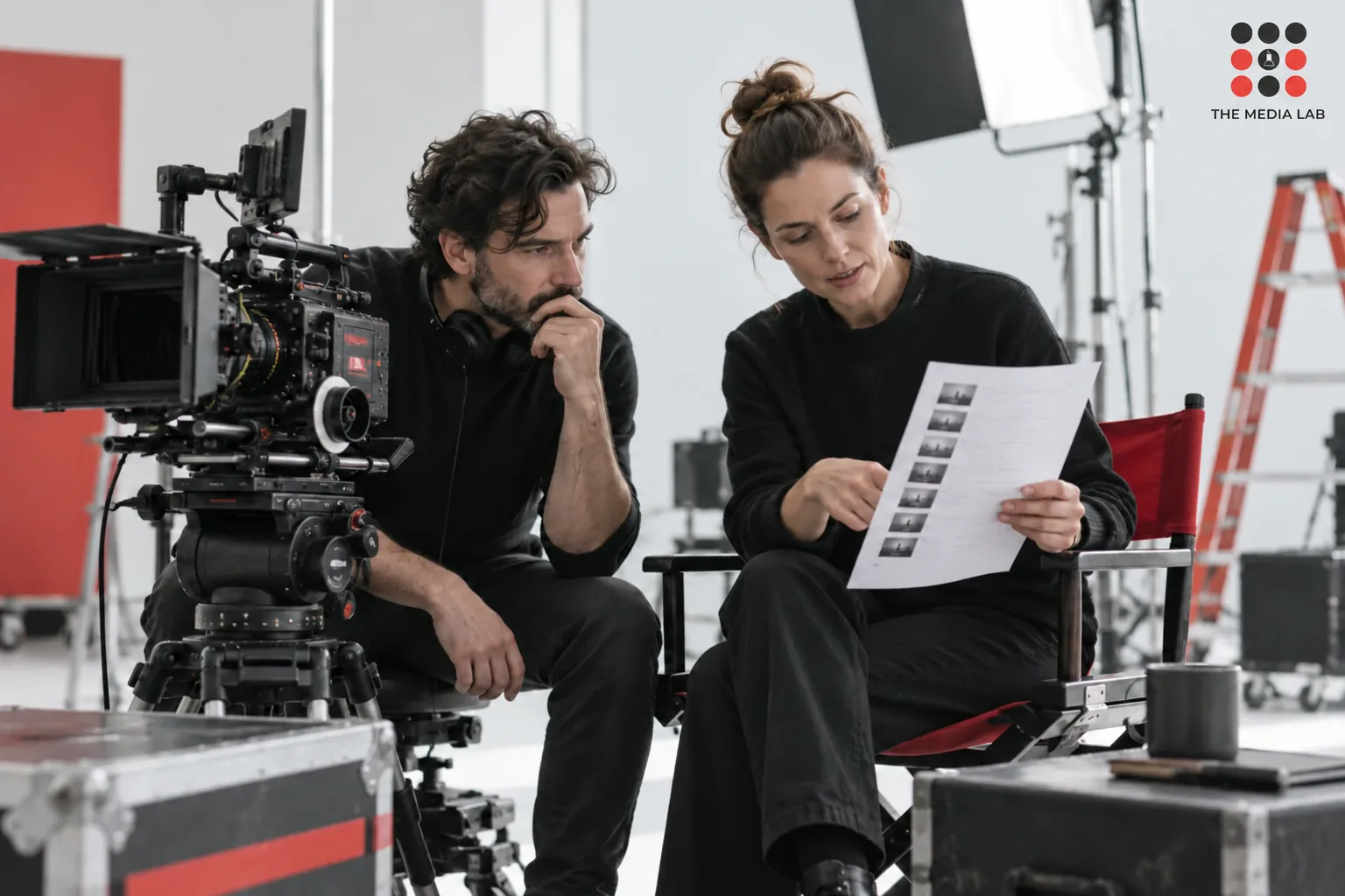 Production team reviewing a shot list beside a cinema camera — The Media Lab concept image.