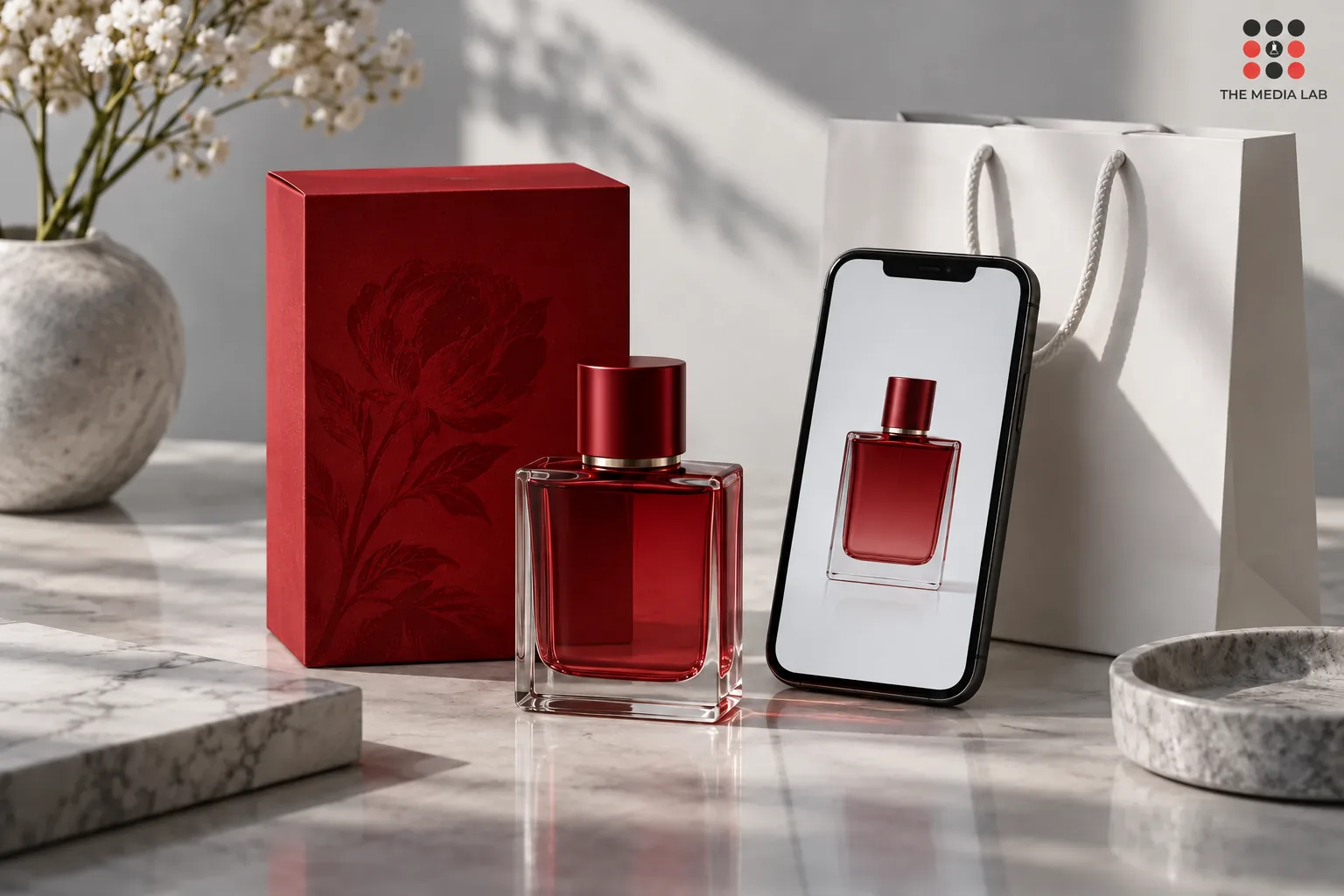 Perfume product and mobile shopping display for ecommerce content by The Media Lab — The Media Lab concept image.