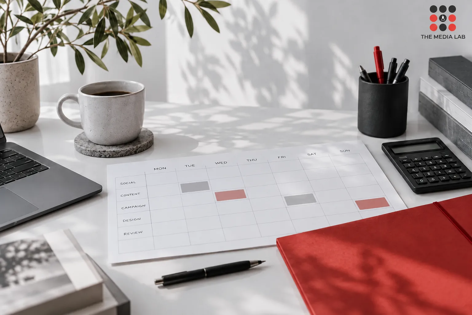 Calendar and calculator illustrating social media agency scope and costs — The Media Lab concept image.