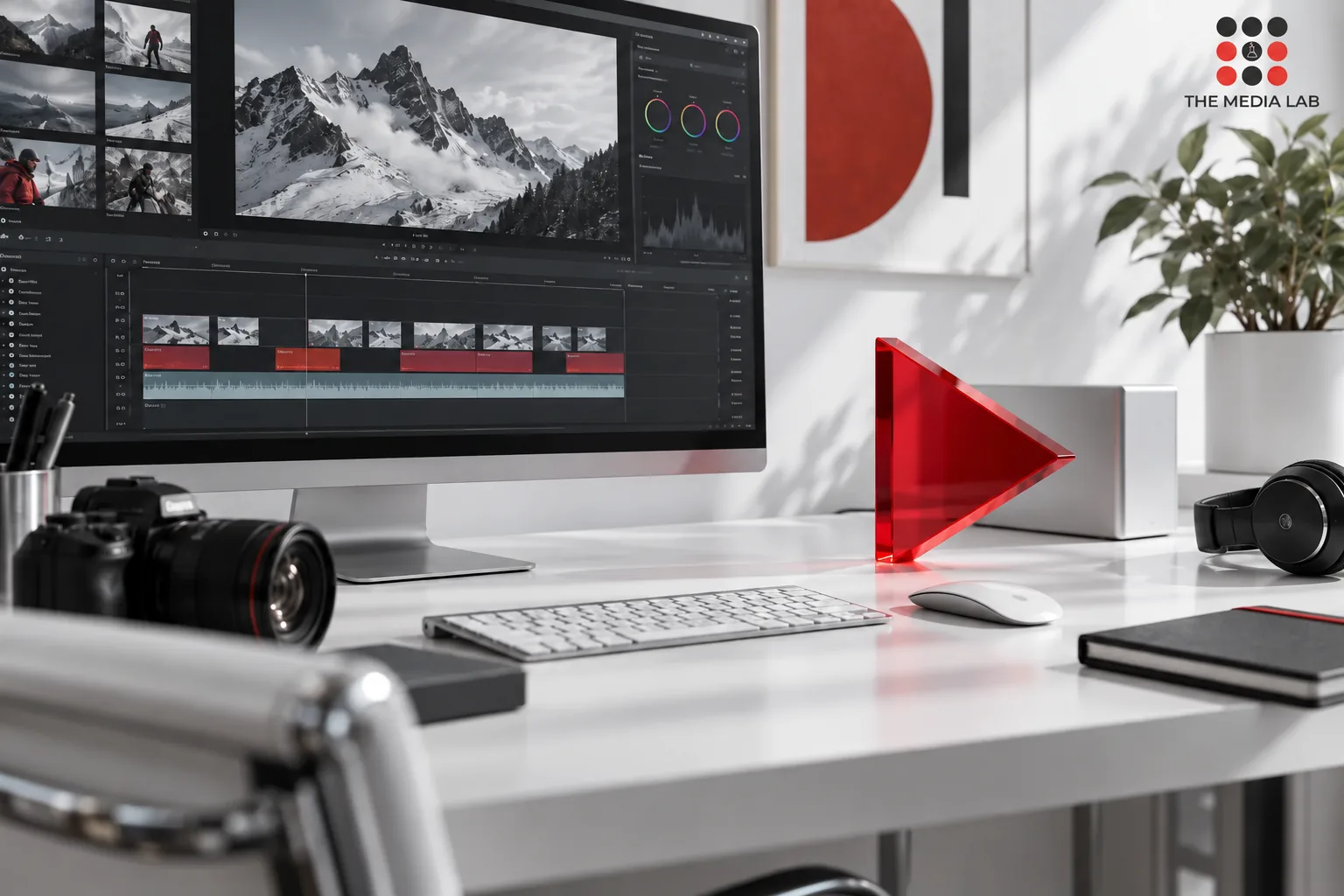 Video editing workstation with a red play symbol — The Media Lab