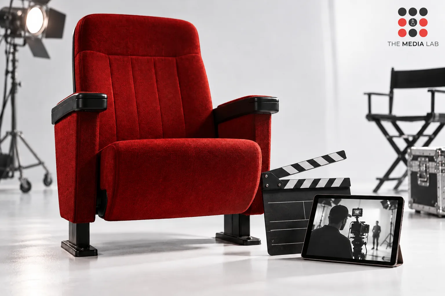 Red cinema seat beside a clapperboard and tablet — The Media Lab