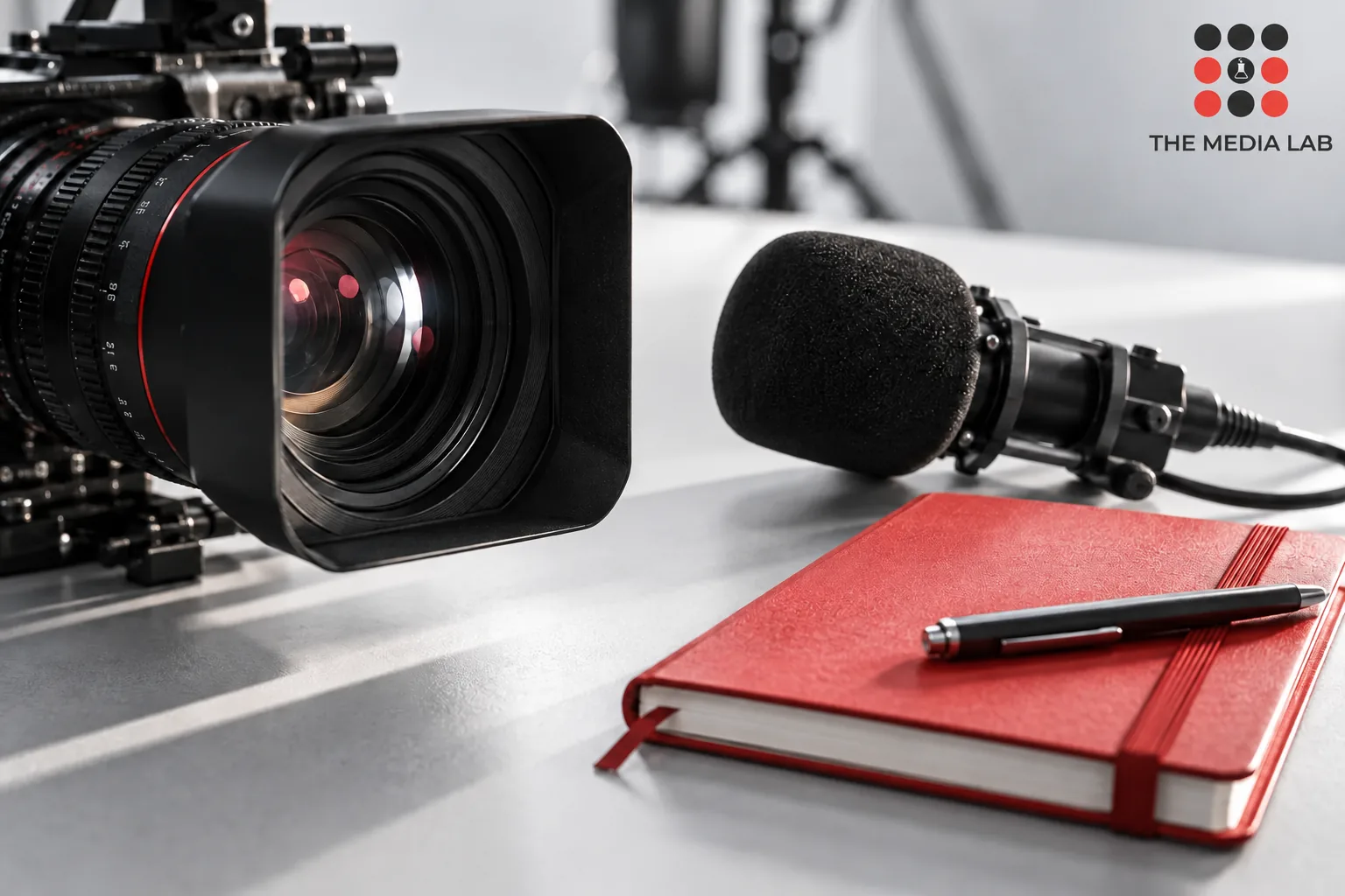 Video camera and microphone beside a production notebook — The Media Lab