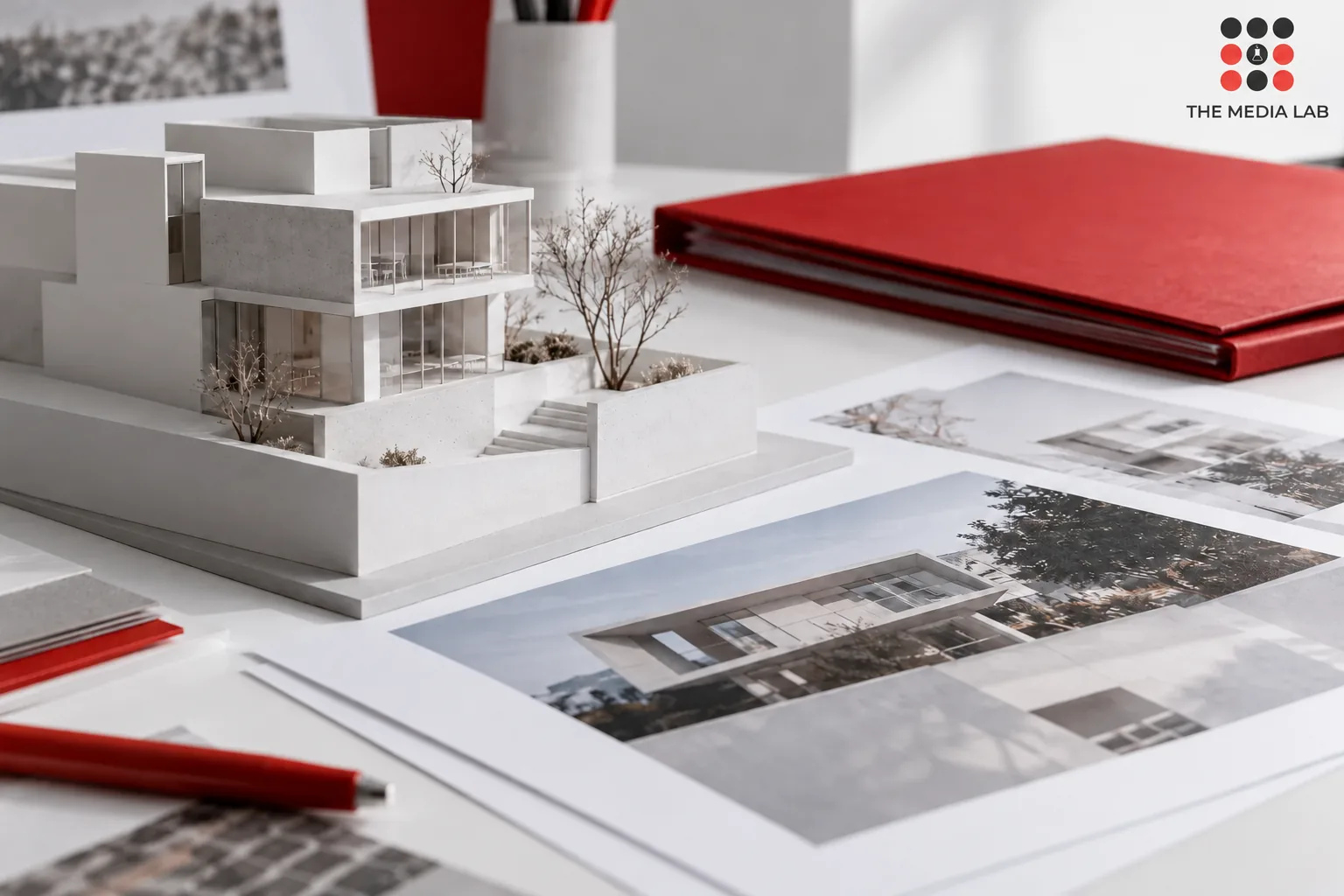 Concept illustration of architectural models and property content boards — The Media Lab