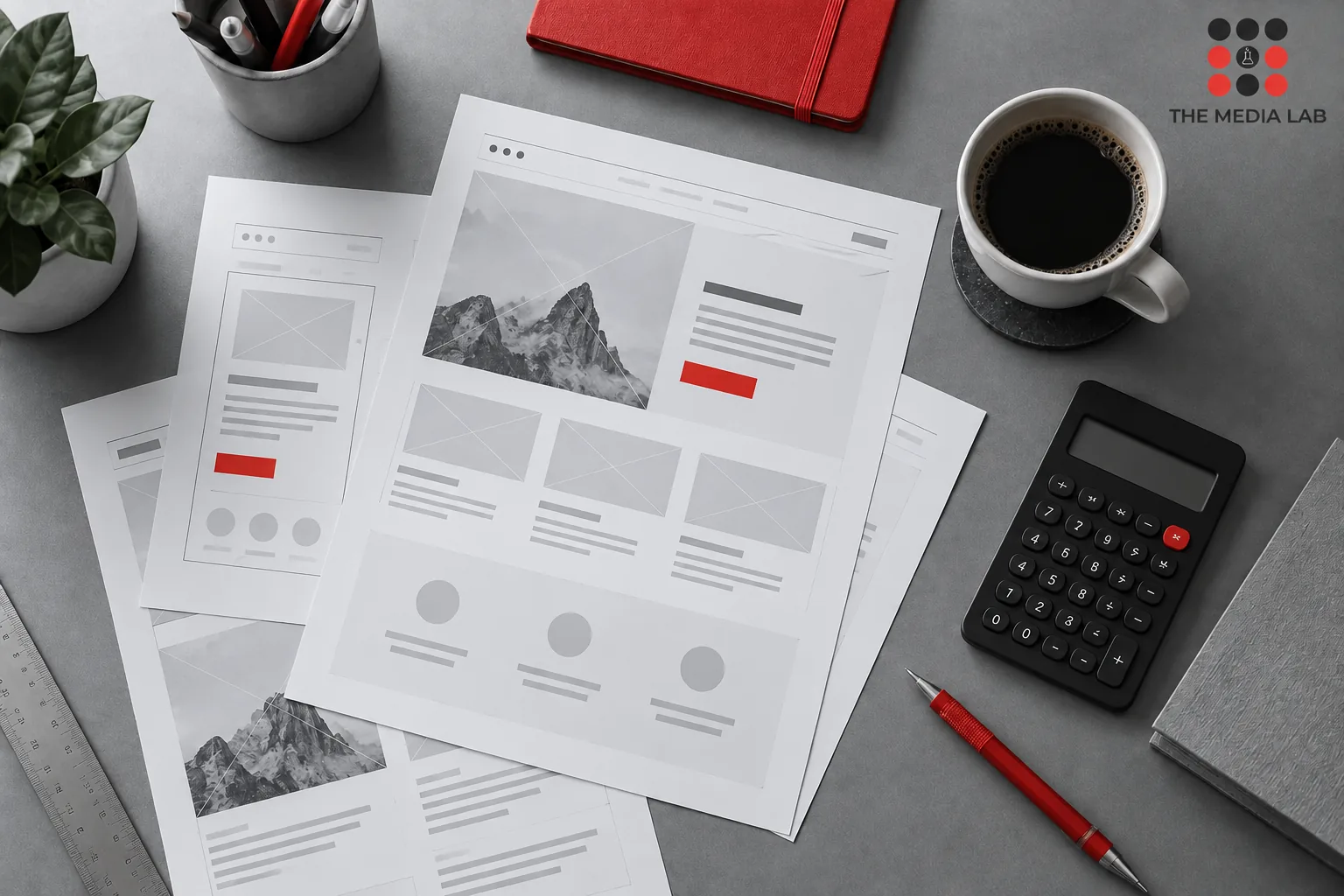 Website wireframes beside a calculator and red notebook — The Media Lab
