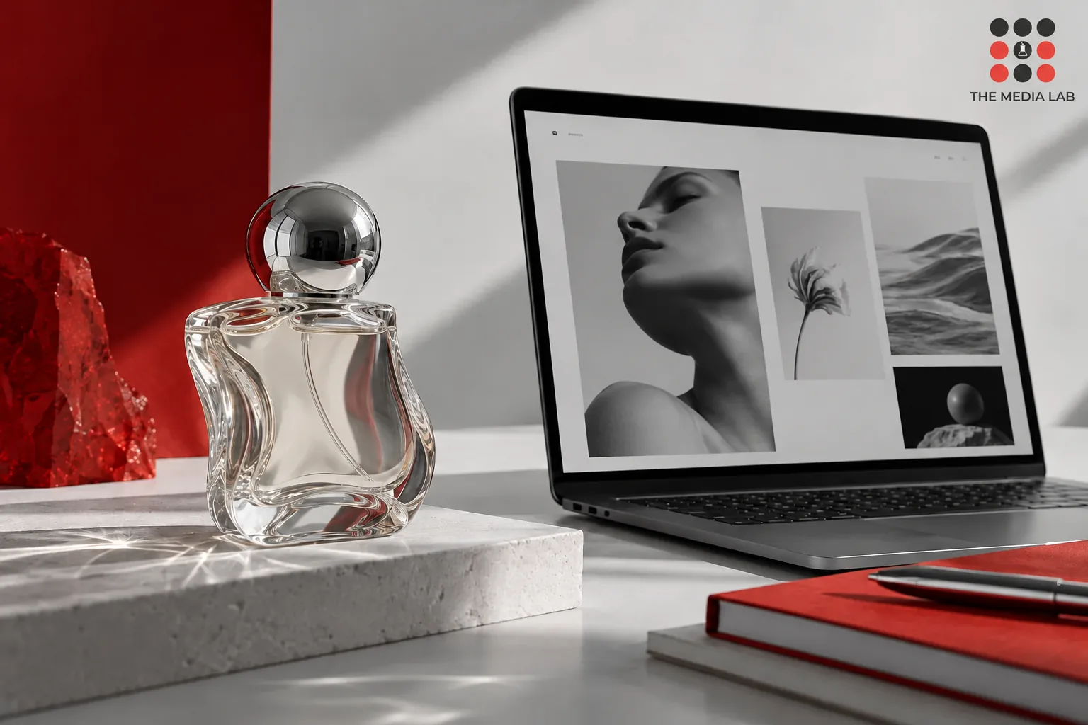 Concept illustration of an unbranded perfume bottle beside a website design — The Media Lab