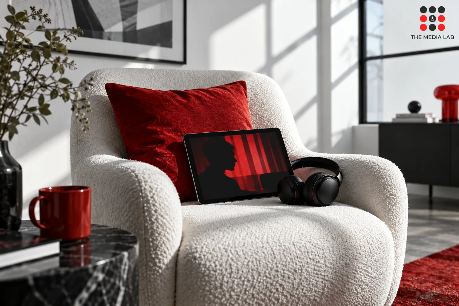 Tablet and headphones on a white chair with a red cushion — The Media Lab