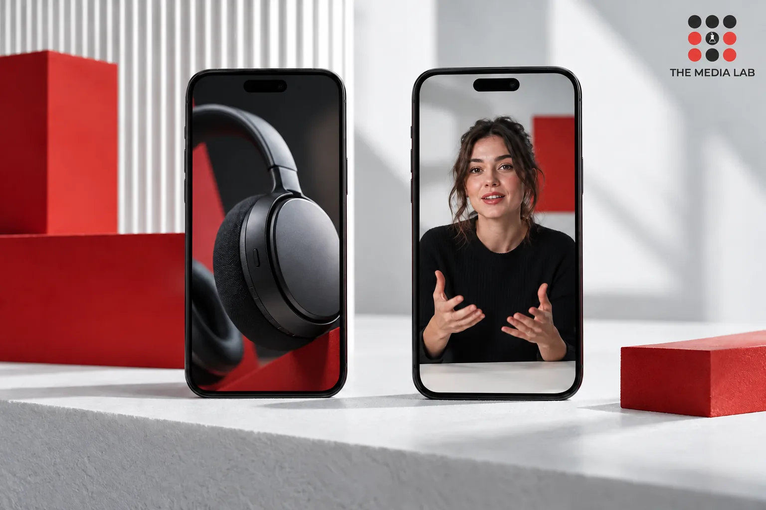 Two smartphones displaying a product and a presenter — The Media Lab