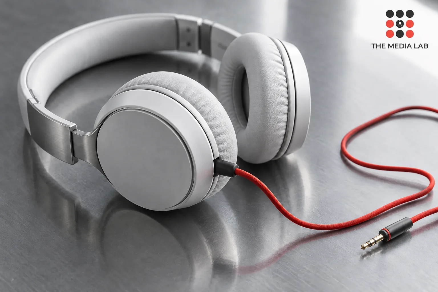 White headphones with a red cable — The Media Lab