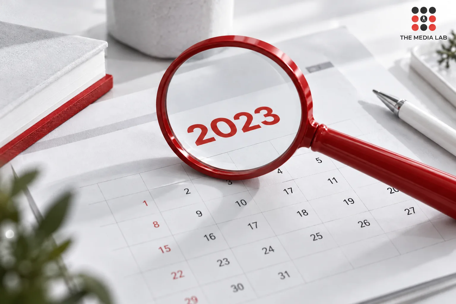 Red magnifying glass over a 2023 calendar — The Media Lab