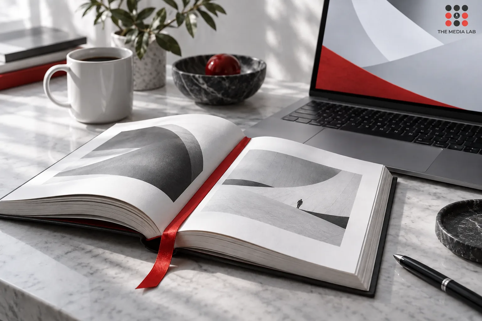 Open reference book beside a laptop and red bookmark — The Media Lab
