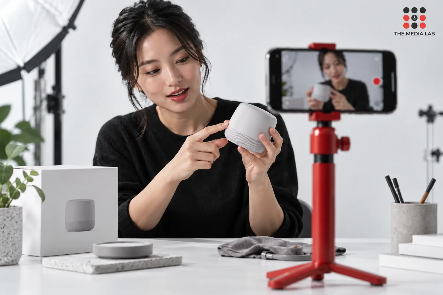 Creator recording a product demonstration on a smartphone — The Media Lab