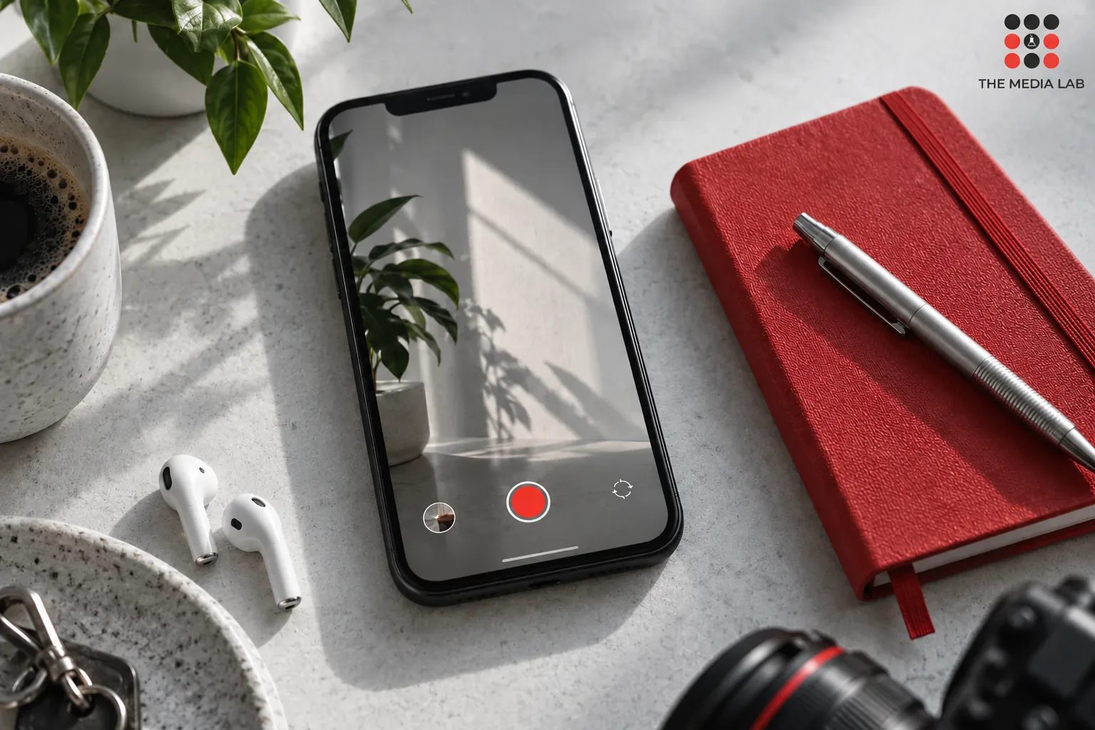 Smartphone camera beside a red notebook for Snapchat content planning — The Media Lab