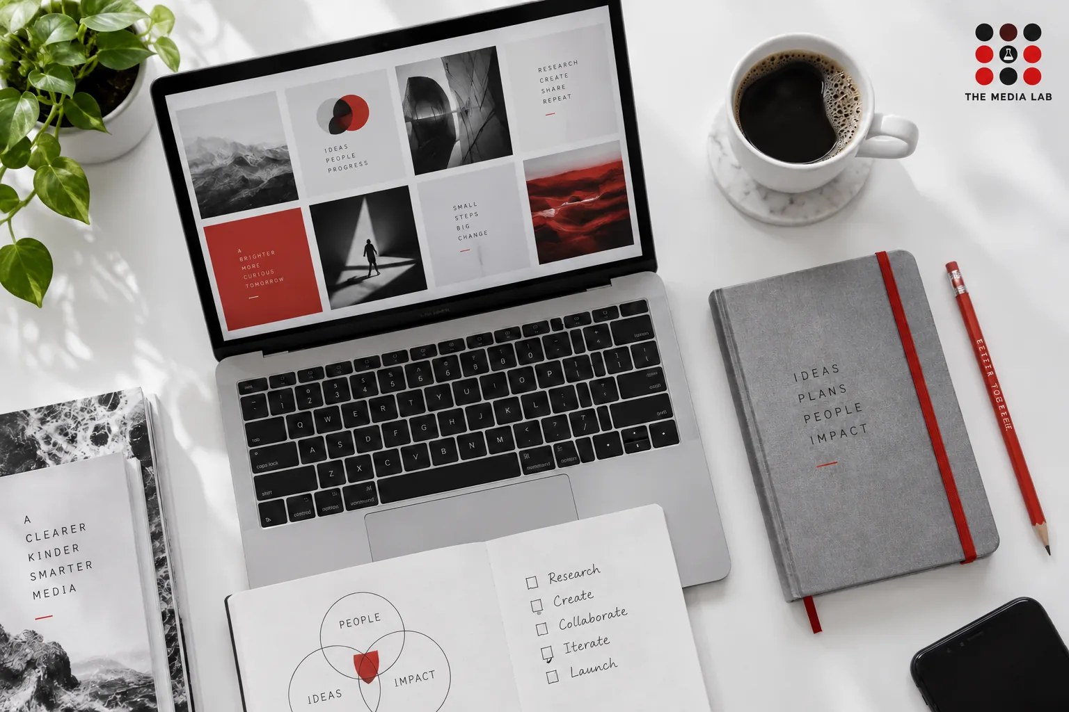 Organised desk with planning cards and red pencil — AI productivity illustration for The Media Lab.