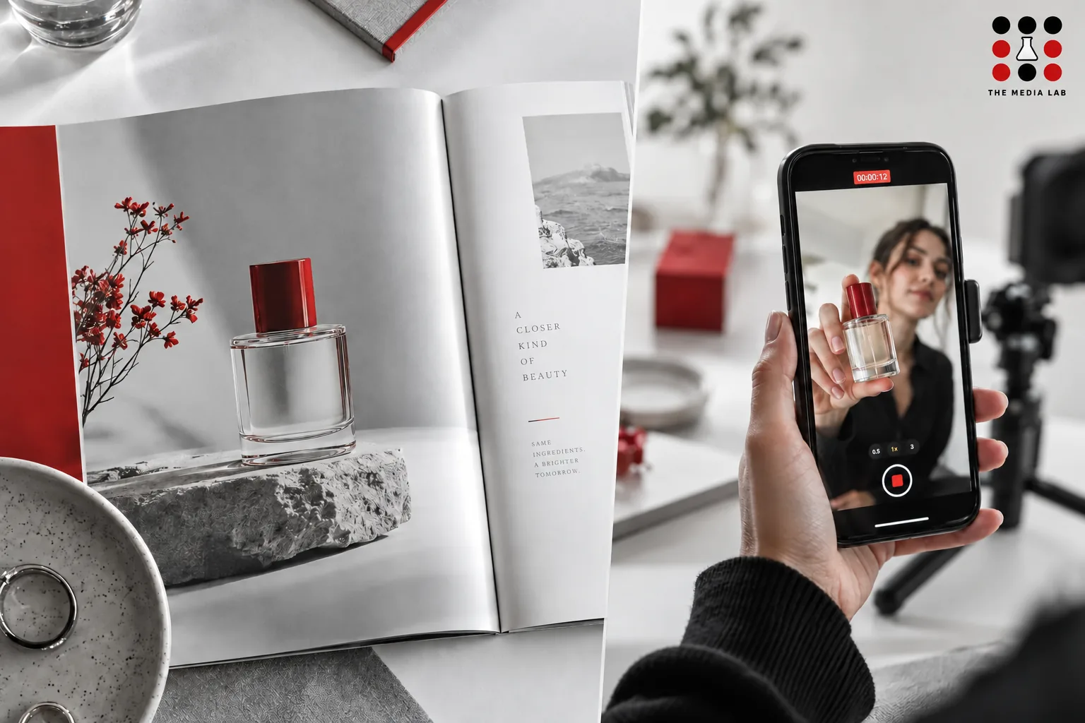 Magazine advertisement beside a creator video on a phone — channel comparison illustration for The Media Lab.