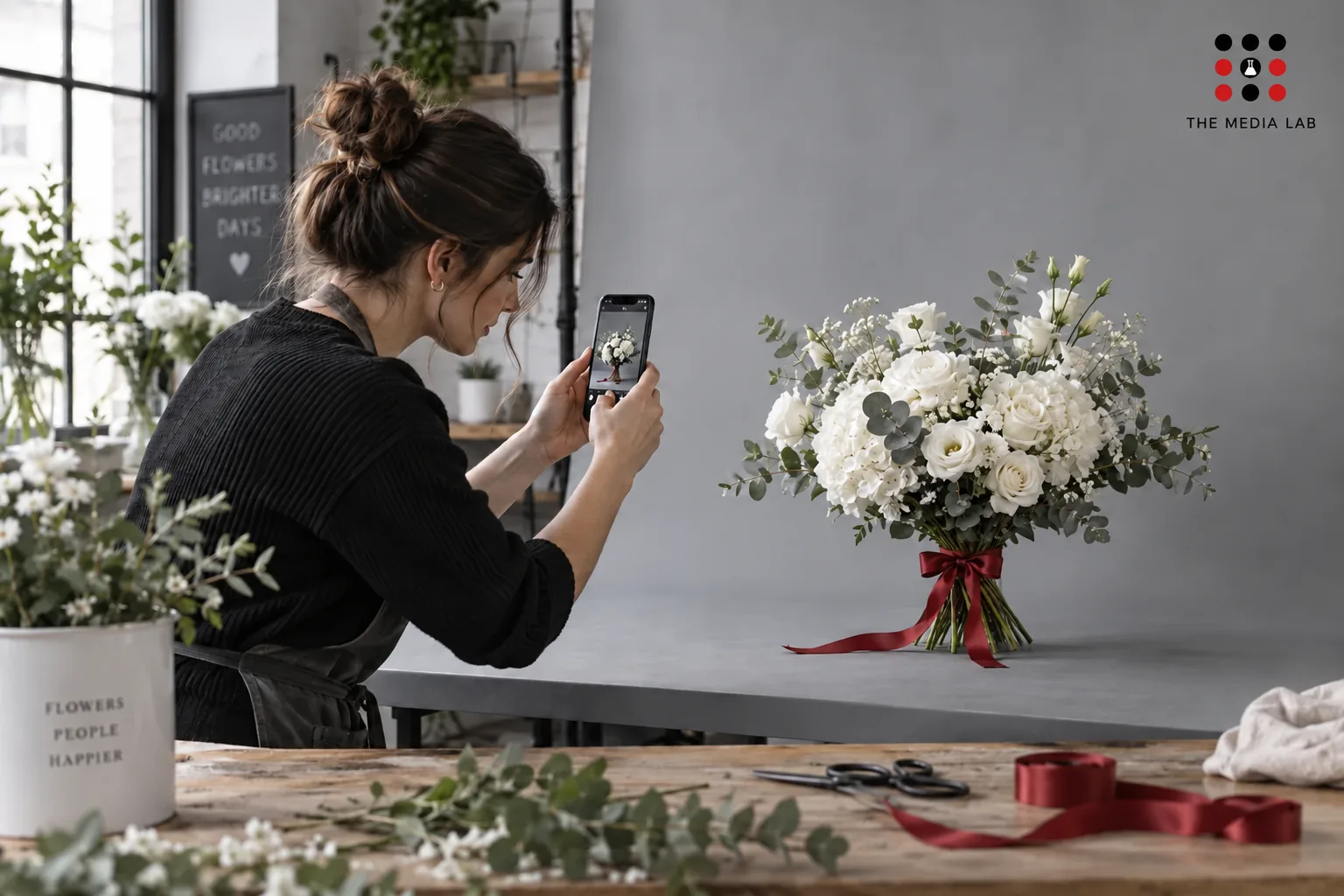 Flower shop owner photographing a bouquet with a red ribbon — small business content illustration for The Media Lab.
