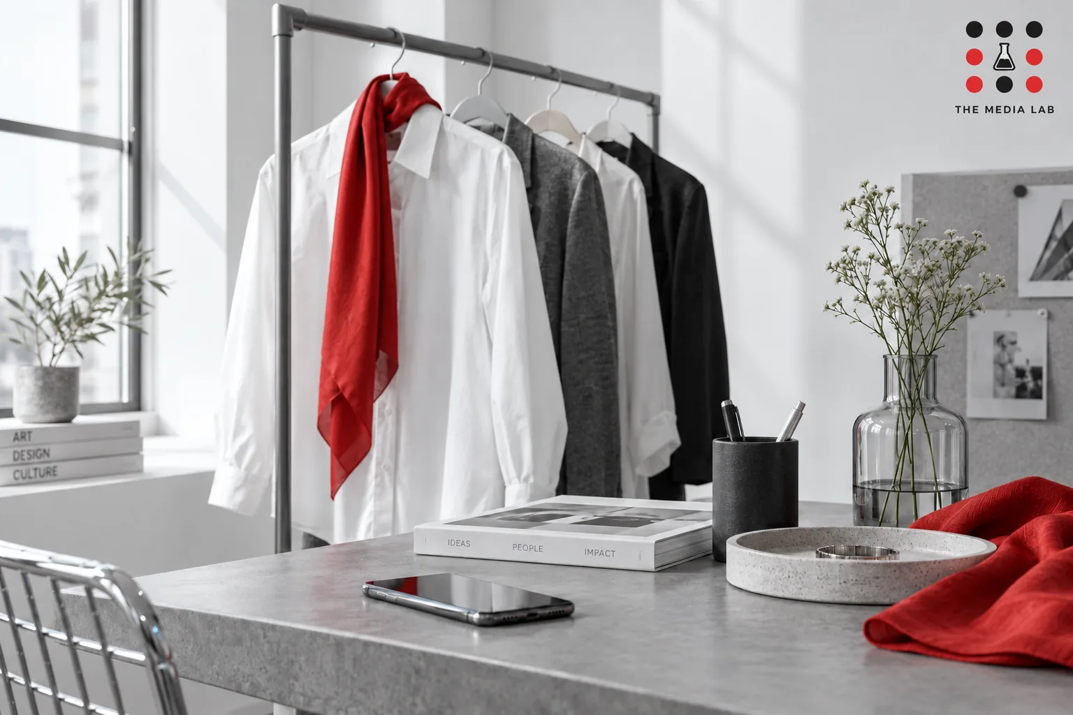 White shirt and red scarf on a minimal fashion set — fashion reel illustration for The Media Lab.
