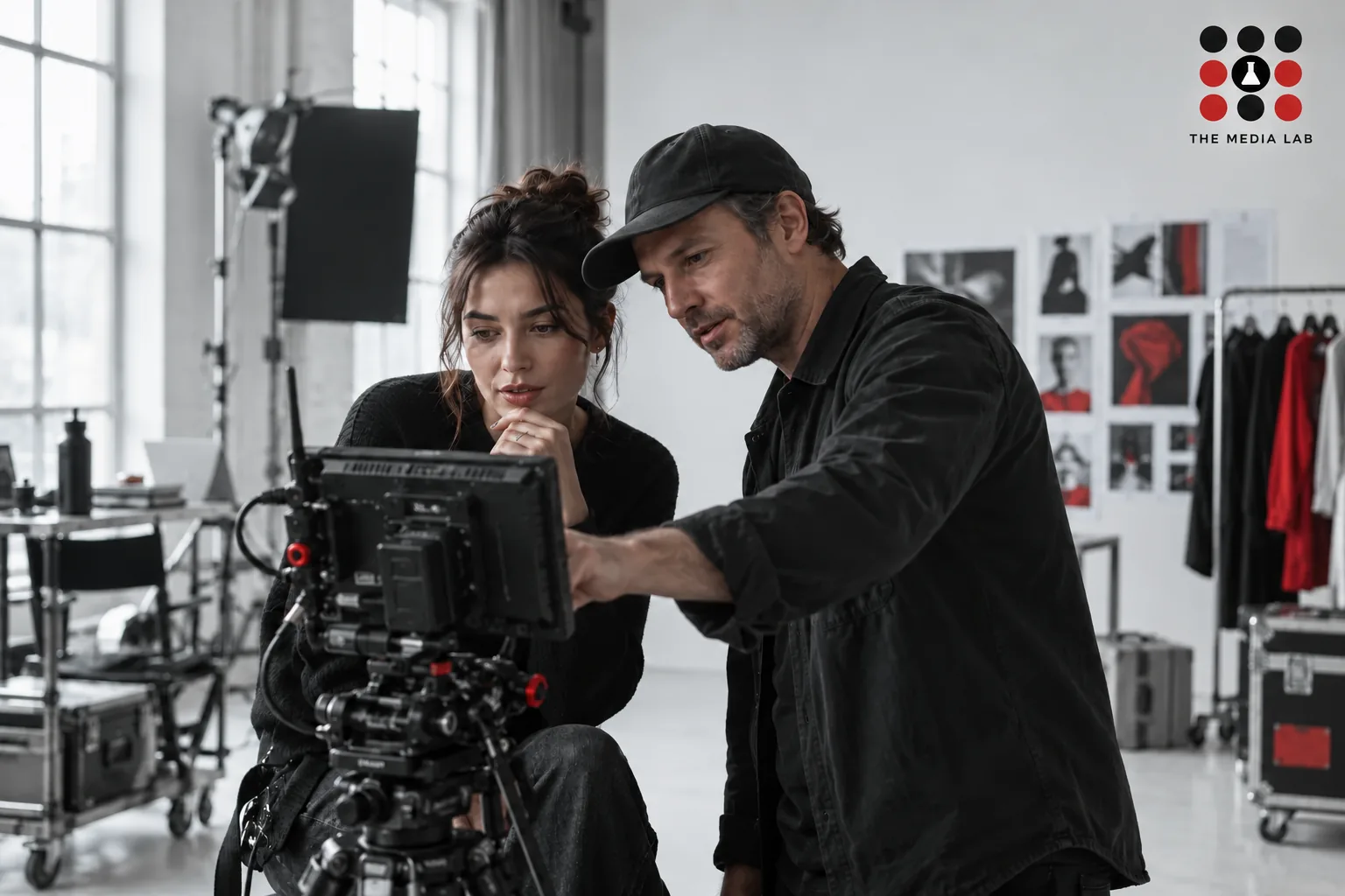 Creator and producer reviewing a camera monitor — partnership workflow illustration for The Media Lab.