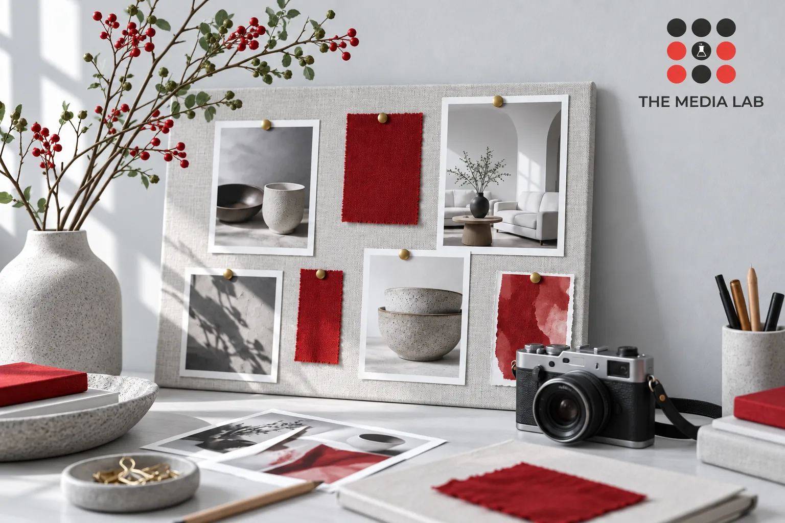 Mood board with product photographs and red fabric swatches, illustrating Pinterest content planning for The Media Lab.
