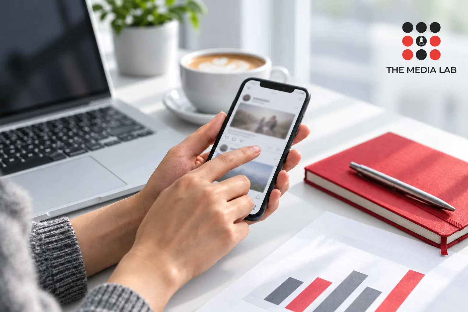 Smartphone and research notes illustrating The Media Lab’s historical guide to USA social media statistics in 2019.